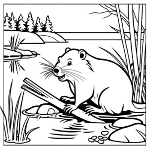 Illustration of a beaver busy building a dam near a river, ideal for coloring activity coloring page
