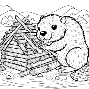 Beaver constructing a house near a river. coloring page