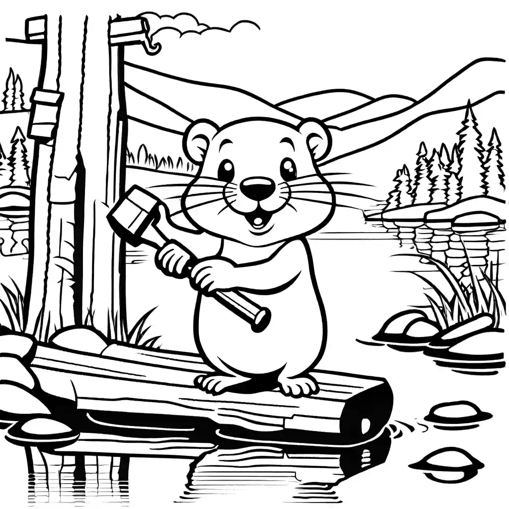 Beaver construction worker building a log house near a flowing river coloring page