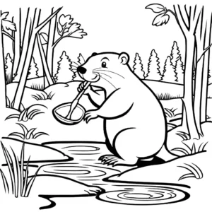 Adorable beaver creating a lodge near a flowing stream coloring page