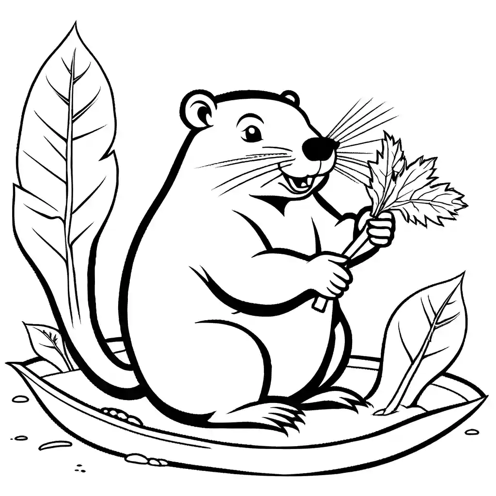 Cute drawing of a beaver carrying a leafy branch in its mouth, great for coloring activity coloring page