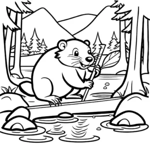 Adorable beaver building a dam with sticks and mud in a natural habitat coloring page