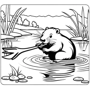 Drawing of a beaver happily eating a submerged branch in a river, great for coloring activity coloring page