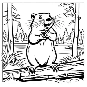 Drawing of a beaver standing on hind legs and gnawing on a log, great for coloring page
