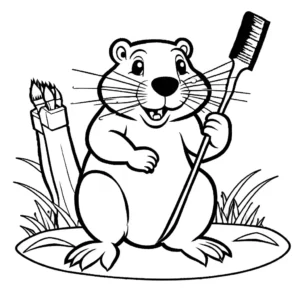 Illustration of a beaver sitting on its hind legs and holding a paintbrush, perfect coloring page