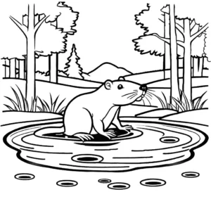 Simple drawing of a beaver swimming in a pond surrounded by trees, suitable coloring page
