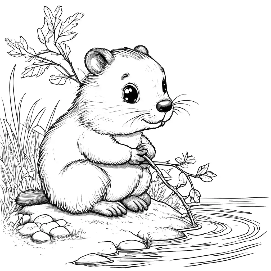 Adorable beaver sitting by the river bank and holding a tree branch coloring page