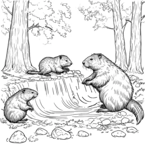 Beaver family working together to build a dam in the forest coloring page