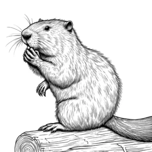 Beaver standing on hind legs and gnawing on a piece of wood with its bushy tail coloring page