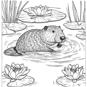 Beaver swimming in a pond surrounded by water lilies and greenery coloring page