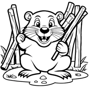 Adorable illustration of a beaver with big front teeth sitting next to a pile of sticks, perfect coloring page