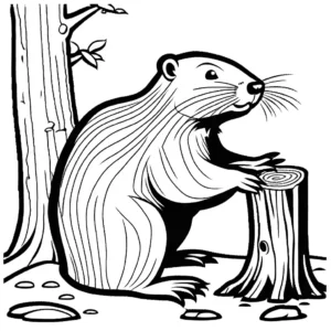 Cartoon image of a beaver with a large flat tail standing near a tree stump, ideal for coloring page