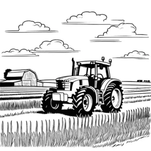 Line drawing of a big tractor in a farm field coloring page