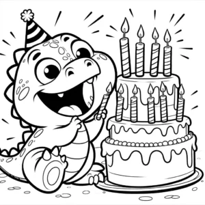 Cartoon dinosaur with birthday cake and candles for coloring page