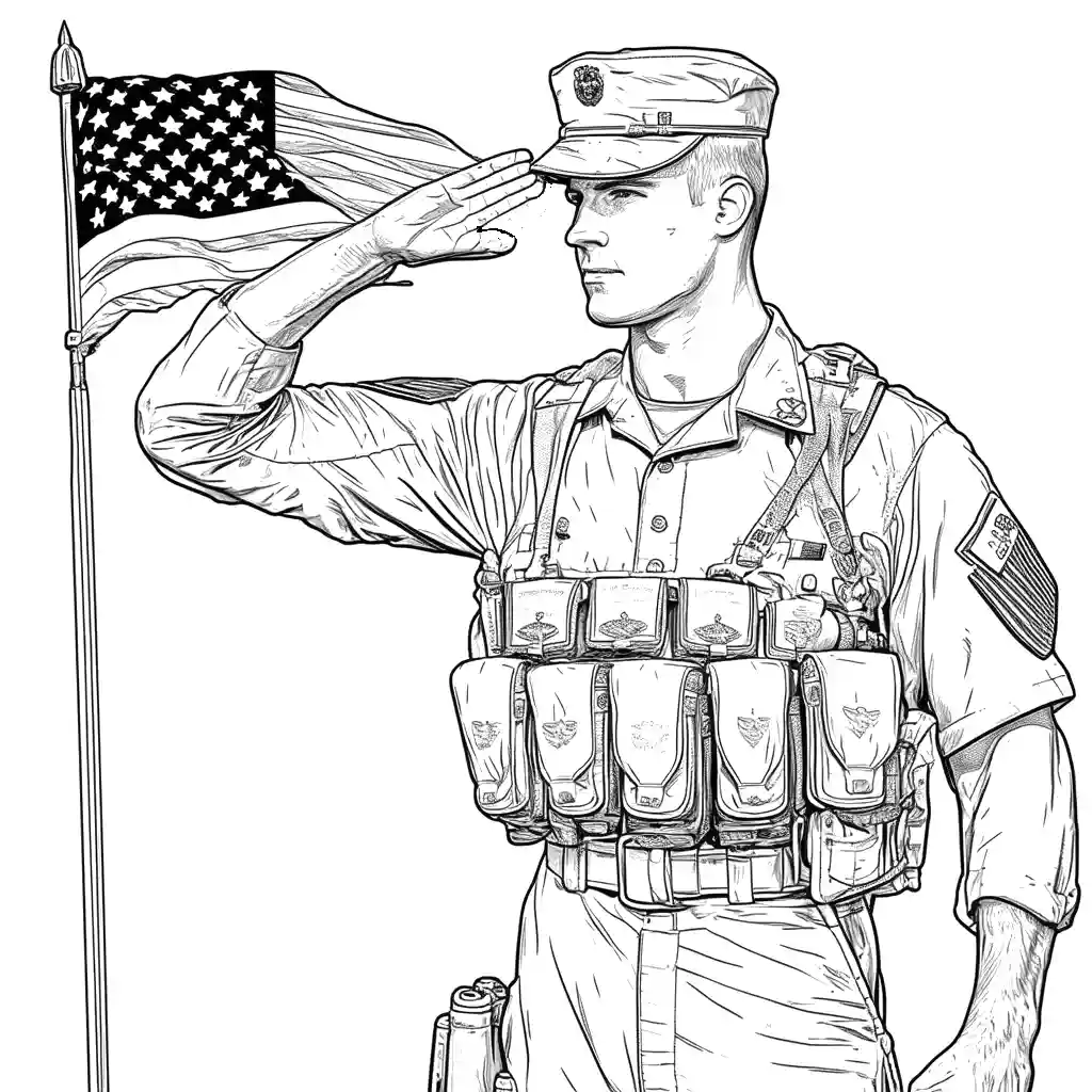 Brave soldier saluting while holding the American flag coloring page