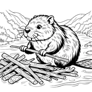 Drawing of a beaver constructing a dam from branches and twigs near a stream coloring page