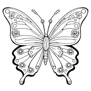 Butterfly surrounded by blooming flowers and foliage coloring page
