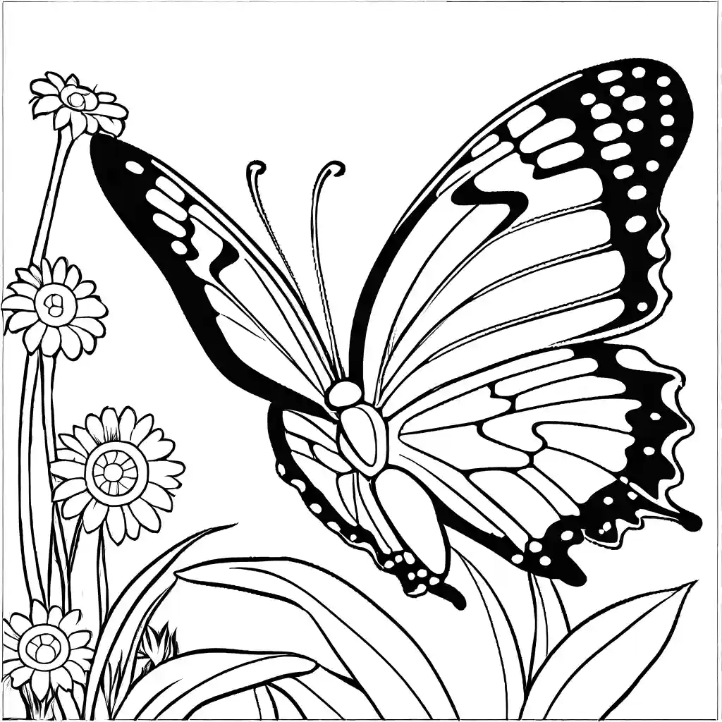 Butterfly flying in a beautiful garden coloring page