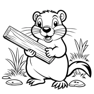 Cartoon illustration of a beaver holding a piece of wood, perfect coloring page