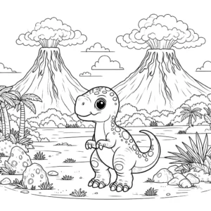 Dinosaur coloring page with prehistoric landscape and volcanoes coloring page