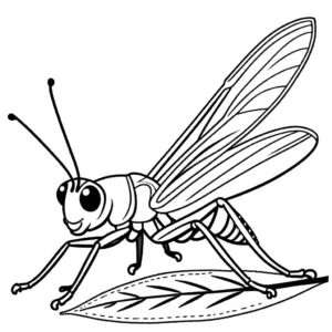 Cartoon grasshopper sitting on a green leaf for coloring page