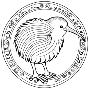 Cartoon kiwi bird coloring page with unique feathers and round body coloring page