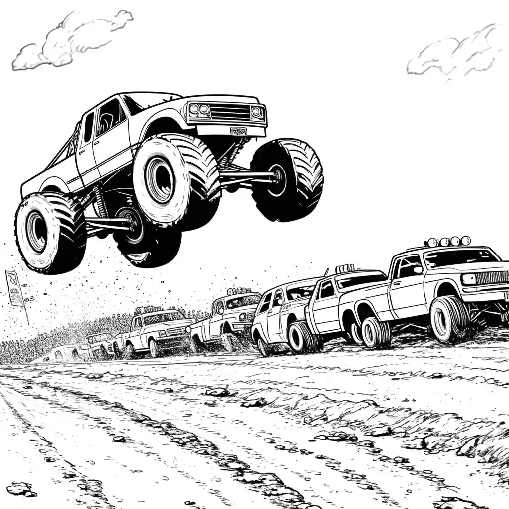 Cartoon monster truck jumping over cars on dirt track coloring page