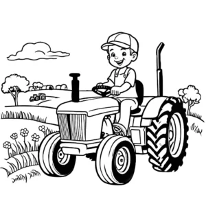Cheerful young boy driving a tractor through the countryside coloring page