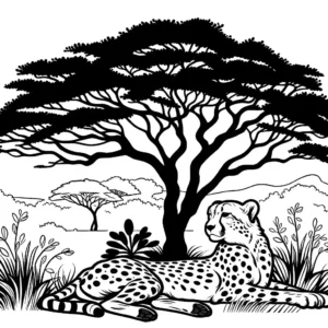 Cheetah coloring page with savanna background coloring page