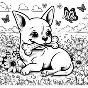 Chihuahua coloring page with bone, flowers, and butterflies coloring page
