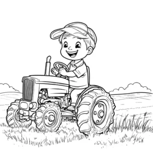 Happy child driving on a tractor in a field coloring page