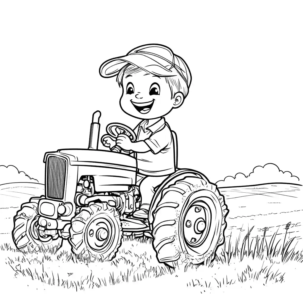 Happy child driving on a tractor in a field coloring page