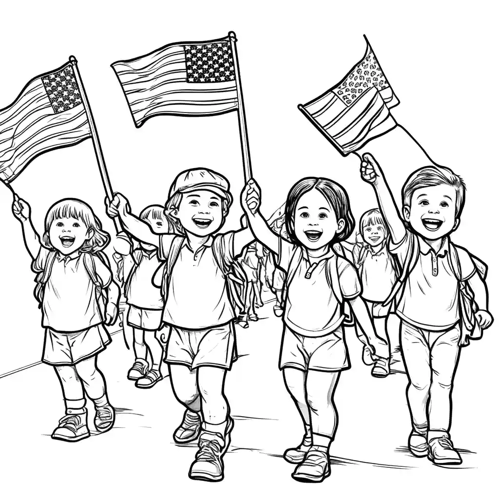 Children waving American flags in a Memorial Day parade coloring page