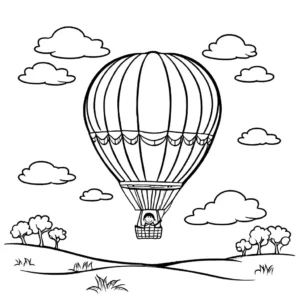 Child's drawing of hot air balloon with happy stick figure waving from the basket coloring page