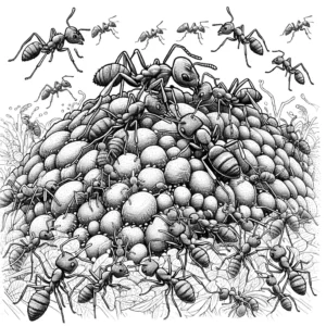 Detailed view of an ant hill with ants collaborating coloring page
