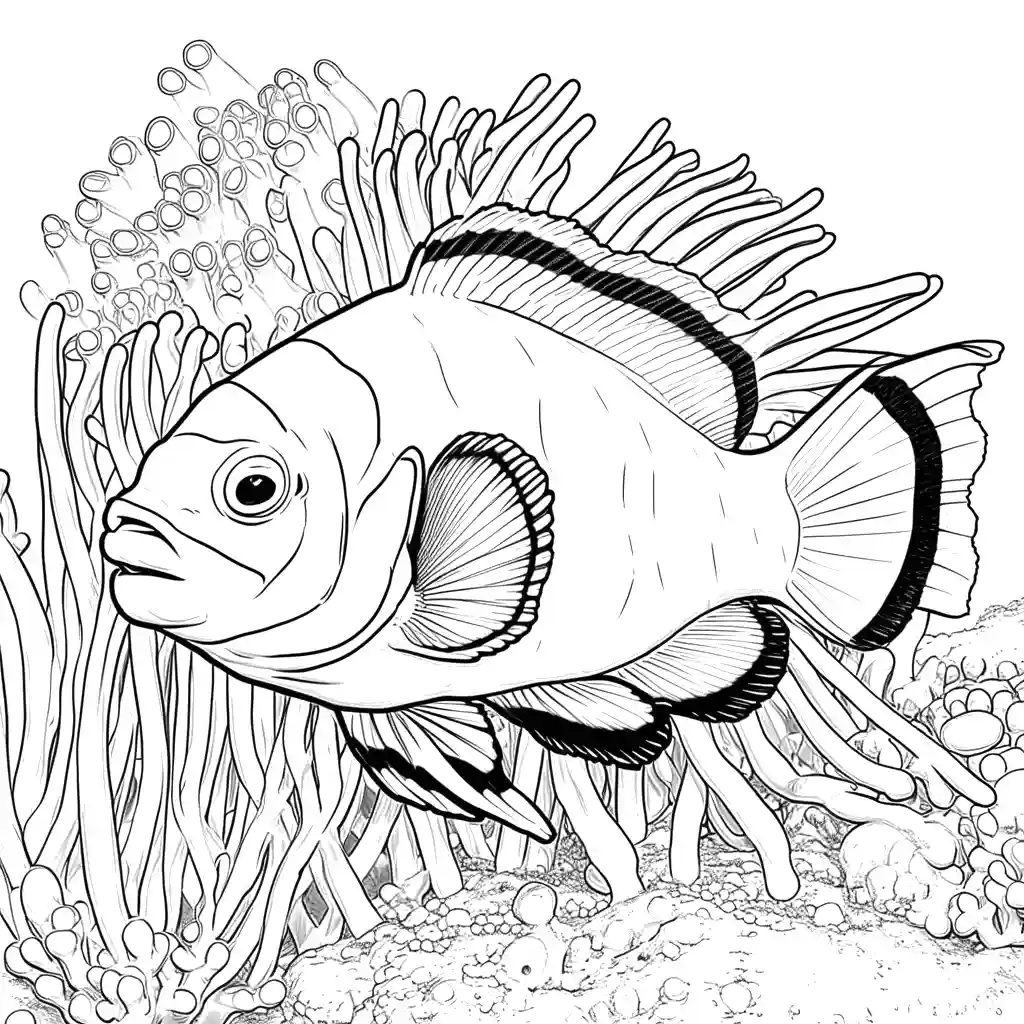 Clownfish swimming in a sea anemone with a coral reef background coloring page