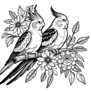 Cockatiel pair coloring page with flowers in the background coloring page