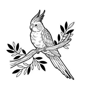 Cockatiel perched on a branch with leaves coloring page