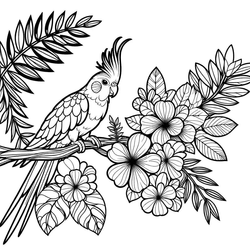 Cockatiel coloring page with tree branch and flowers in the background coloring page