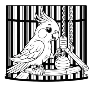 Playful Cockatiel with a toy perched on a swing in a birdcage coloring page