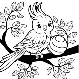 Cockatiel playing with a ball on a tree branch with leaves coloring page
