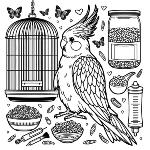 Cockatiel with a cage, bird seed, and toys coloring page