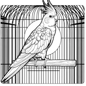 Cute Cockatiel coloring page with wooden perch and cage in the background coloring page