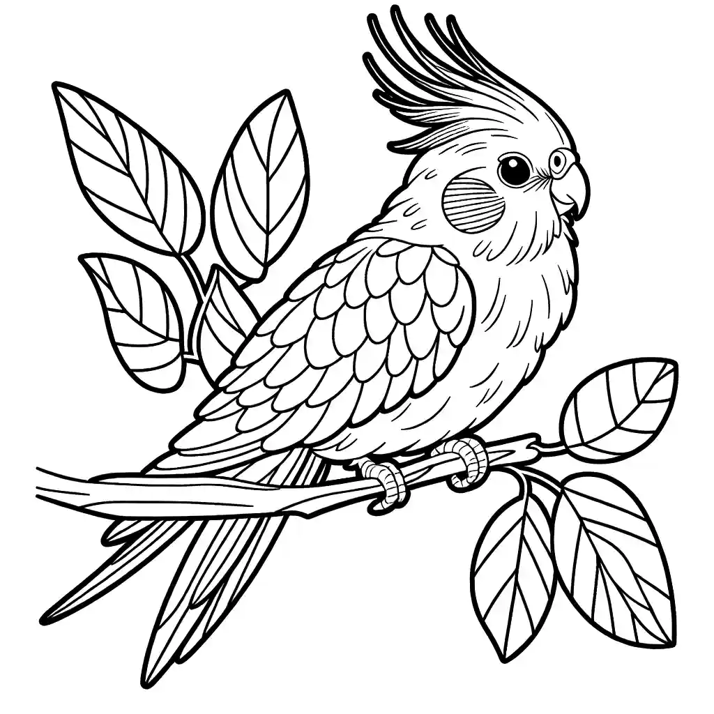 Cockatiel coloring page of a bird sitting on a branch with leaves, facing left and chirping coloring page