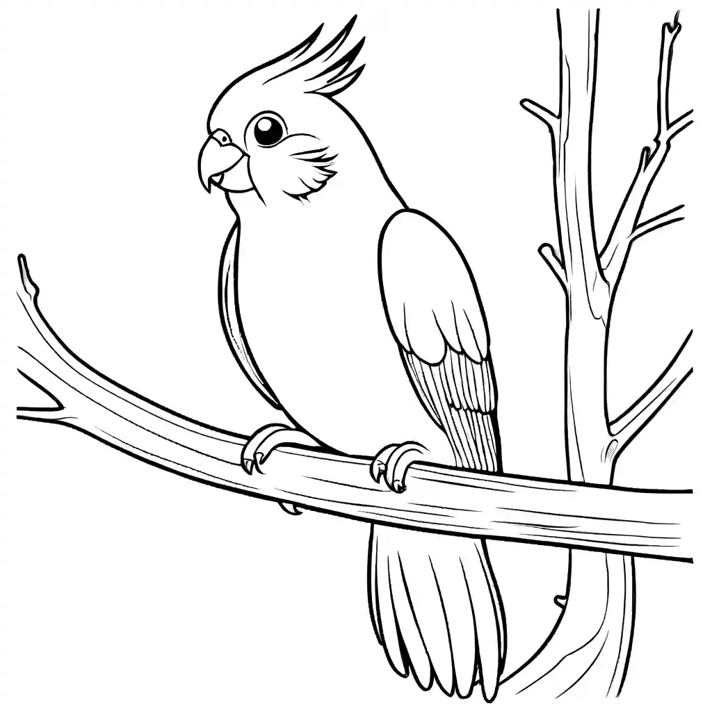 Cockatiel perched on a tree branch coloring page
