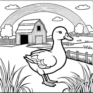 Curious duckling exploring a farmyard with barns and a bright rainbow in the sky coloring page