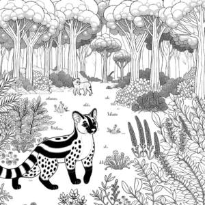 Genet coloring page with curious animal exploring forest with tall trees and bushes coloring page