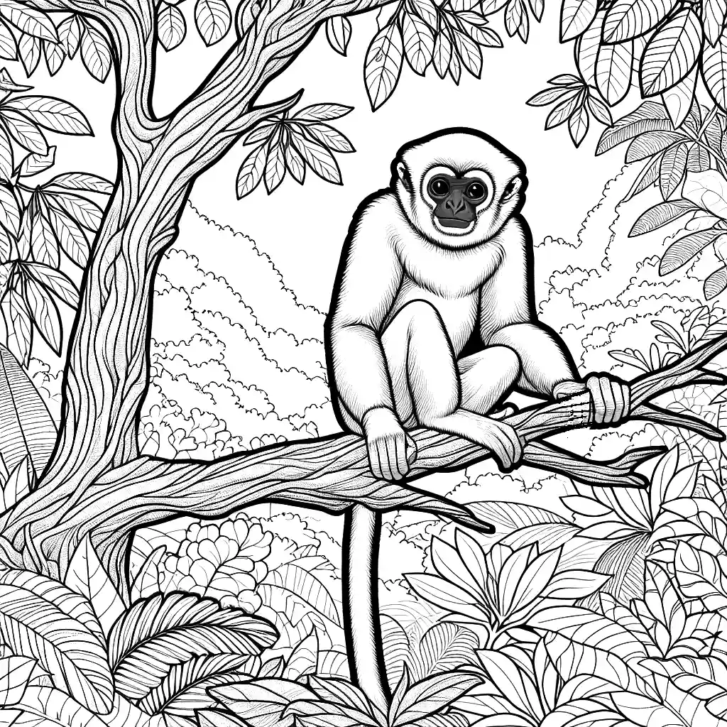 Gibbon perched on a tree branch in the jungle coloring page