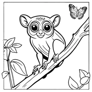 Curious Tarsier looking at a butterfly coloring page