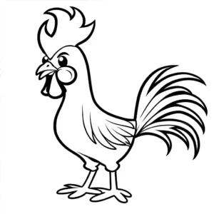 Cute cartoon rooster with friendly expression, coloring page with large tail coloring page